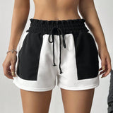 EZwear Pantalones Cortos De Cintura De Cordon Con Bloques De Color Negro Y Blanco Para Mujer