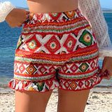 SXY Shorts Impresos Elasticos De Estilo Boho Con Cintura Elastica Para Vacaciones De Verano En La Playa Con Dobladillo Con Volantes