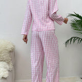 Nina Bonheur Conjunto de pijama a cuadros de manga larga para mujeres de 2 piezas con parte superior delantera de botones y pantalones rectos con cordon elastico, adecuado para uso en el hogar