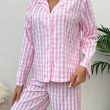 Nina Bonheur Conjunto de pijama a cuadros de manga larga para mujeres de 2 piezas con parte superior delantera de botones y pantalones rectos con cordon elastico, adecuado para uso en el hogar