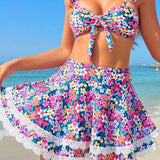 Conjunto De Bikini Con Estampado Floral, Con Cordones Delanteros Y Encaje De Empalme