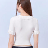 Neu Coqueto Kawaii Balletcore Ruff Nina De Ballet Estampada Con Cuello Redondo Camiseta Blanca De Verano Para Fiestas Y Vacaciones