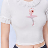 Neu Coqueto Kawaii Balletcore Ruff Nina De Ballet Estampada Con Cuello Redondo Camiseta Blanca De Verano Para Fiestas Y Vacaciones