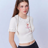 Neu Coqueto Kawaii Balletcore Ruff Nina De Ballet Estampada Con Cuello Redondo Camiseta Blanca De Verano Para Fiestas Y Vacaciones