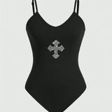 ROMWE Goth Body De Mujeres A La Moda Con Decoracion De Cruz Y Brillantes