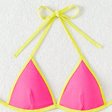 Swim Mod Tapa de bikini de triangulo de verano para mujeres, traje de bano para playa con ribete de neon en contraste, traje de bano de verano
