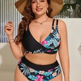 Swim Curve Conjunto De Traje De Bano Impreso Con Plantas Tropicales Para Mujeres De Talla Grande, Bikinis De Dos Piezas Con Doble Tirante, Traje De Bano Para Playa Y Vacaciones De Verano