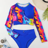 Swim SPRTY Conjunto De Traje De Bano Para Mujer Con Top Cruzado De Estampado Tie-dye Y Parte Inferior De Bikini Triangular De Color Solido