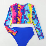 Swim SPRTY Conjunto De Traje De Bano Para Mujer Con Top Cruzado De Estampado Tie-dye Y Parte Inferior De Bikini Triangular De Color Solido