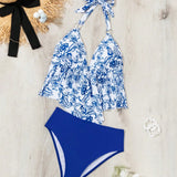 Swim Conjunto de traje de bano de 2 piezas con diseno de flores impresas, tankini inalambrico y braguitas separadas