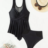 Swim Conjunto de Tankini para mujer con diseno cruzado y dobladillo con volantes, con Bottom separada