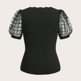 Clasi Plus Size Women's Mesh Short Sleeve T-Shirt With Arc Hem Design And V-Neck
