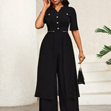 Lady Button Detail Notched Collar Elastic Waist Wide Leg Jumpsuit