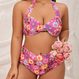 Swim Curve Conjunto De Bikini De Tallas Grandes Con Estampado Floral Y Cuello Halter