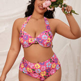 Swim Curve Conjunto De Bikini De Tallas Grandes Con Estampado Floral Y Cuello Halter