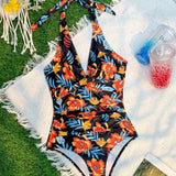 Swim Traje De Bano De Una Sola Pieza Para Mujer, Con Escote Pronunciado En V Y Estampado Floral, Con Cordones Para Carnaval