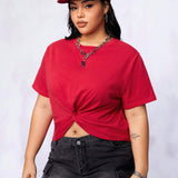 Coolane Women's Plus Size Twist Knot Hem Short Sleeve T-Shirt