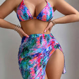 Conjunto De Bikini Con Cuello Halter Y Estampado De Tie-dye Para Carnaval