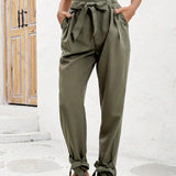 VCAY Pantalones Casuales Con Pliegues De Color Solido Y Bolsillos Inclinados Y Corte Conico
