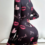 Enterizo Con Manga Larga Y Estampado De Corazones Y Labios