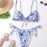 Swim Vcay Conjunto de bikini de flores con lazos laterales para la playa de verano en tallas grandes