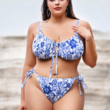 Swim Vcay Conjunto de bikini de flores con lazos laterales para la playa de verano en tallas grandes