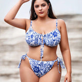 Swim Vcay Conjunto de bikini de flores con lazos laterales para la playa de verano en tallas grandes