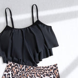 Swim Juego De Tankini De Traje De Bano Para Mujeres Con Top De Spaghetti Y Bottom De Estampado De Leopardo Con Tirantes Removibles Y Volantes, Ideal Para Verano, Playa, Luna De Miel, Viaje, Vacaciones Y Piscina