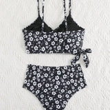 Swim Conjunto De Top Camisola Y Tankini De Fondo De Traje De Bano Estampado Floral Para Mujeres Con Detalle De Nudo En El Dobladillo, Para Verano, Playa, Viaje, Vacaciones, Piscina