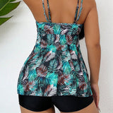 Swim Lushore Conjunto de Tankini tropical con estampado de parches y cuello en V calado