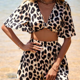 VCAY Leopardo Print Vacaciones Crop Top Atado Holgado Y Conjuto Corto