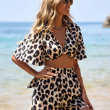 VCAY Leopardo Print Vacaciones Crop Top Atado Holgado Y Conjuto Corto