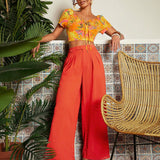 TRVLCHIC Pantalones anchos de talle alto y tejido ligero para el verano y las vacaciones de primavera-verano en color naranja