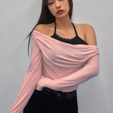 DAZY Camiseta de cuello halter 2 en 1 con dobladillo de encaje para damas