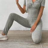 Essnce Solid Color Ribbed Twisted Knot Detail Jumpsuit
