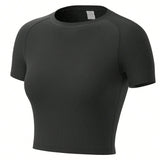 Camiseta De Compresion Deportiva Para Mujer Con Cuello Redondo, Manga Corta, Secado Rapido, Control De Barriga, Entrenamiento Fisico, Correr, Entrenamiento, Top Corto