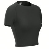 Camiseta De Compresion Deportiva Para Mujer Con Cuello Redondo, Manga Corta, Secado Rapido, Control De Barriga, Entrenamiento Fisico, Correr, Entrenamiento, Top Corto