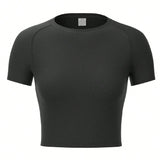 Camiseta De Compresion Deportiva Para Mujer Con Cuello Redondo, Manga Corta, Secado Rapido, Control De Barriga, Entrenamiento Fisico, Correr, Entrenamiento, Top Corto