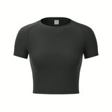 Camiseta De Compresion Deportiva Para Mujer Con Cuello Redondo, Manga Corta, Secado Rapido, Control De Barriga, Entrenamiento Fisico, Correr, Entrenamiento, Top Corto