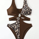 Swim Vcay Traje De Bano Para Mujer Con Estampado De Leopardo Y Huecos Con Aro, Ideal Para Verano, Playa, Vacaciones, Viajes, Festivales, Piscinas Y Surf