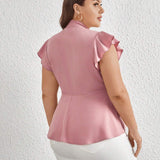 Top De Manga Acampanada Rosa Romantico Elegante De Verano De a Grande Con Pajarita, Cintura Cenida Y Forma De A, Blusa Elegante