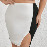 Prive Plus Size Women's Elegant Black & White Contrast Color Pencil Skirt, Slim Fit Style, With High Slit, Suitable For Minimalist Workplace Or Daily Wear