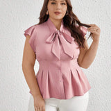 Top De Manga Acampanada Rosa Romantico Elegante De Verano De a Grande Con Pajarita, Cintura Cenida Y Forma De A, Blusa Elegante