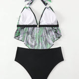 Swim Conjunto De Bikini De Top Halter Impreso Con Plantas Y Fondo De Triangulo En Color Solido