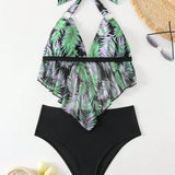 Swim Conjunto De Bikini De Top Halter Impreso Con Plantas Y Fondo De Triangulo En Color Solido