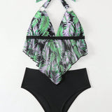 Swim Conjunto De Bikini De Top Halter Impreso Con Plantas Y Fondo De Triangulo En Color Solido