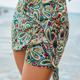 EZwear Shorts envolventes con lazo lateral y colgante de concha con estampado de flores paisley para playa de verano