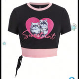 Neu Camiseta Negra Y Rosa Con Impresion De Gato Lindo Para Ninos Estilo Kidcore