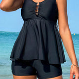 Swim Vcay Conjunto De Traje De Bano De Dos Piezas De Un Solo Color, Conjunto De Tankini Para Traje De Bano De Verano Para Playa