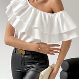 Prive Blusa Blanca De Cuello Asimetrico Con Ribete De Volantes Para Mujer
